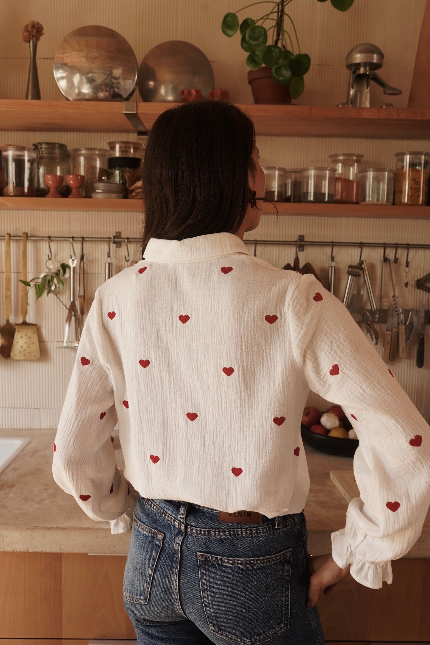 Katoenen hart blouse - wit/rood