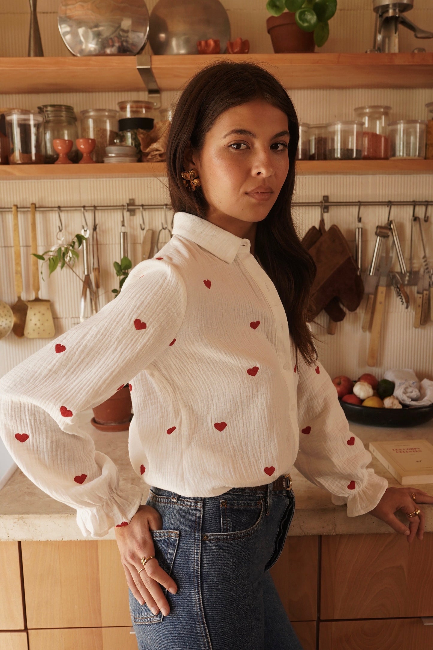 Katoenen hart blouse - wit/rood