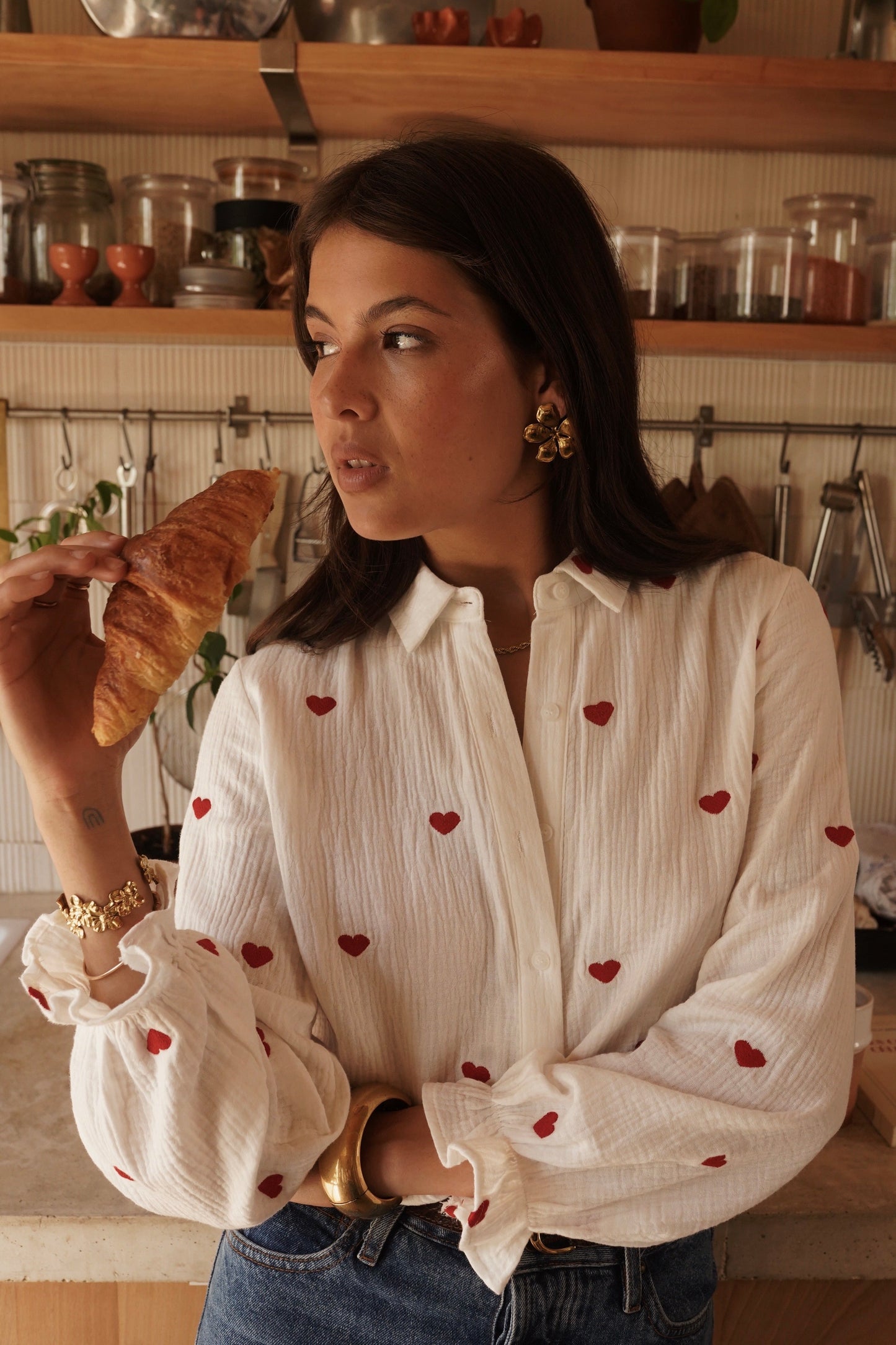 Katoenen hart blouse - wit/rood