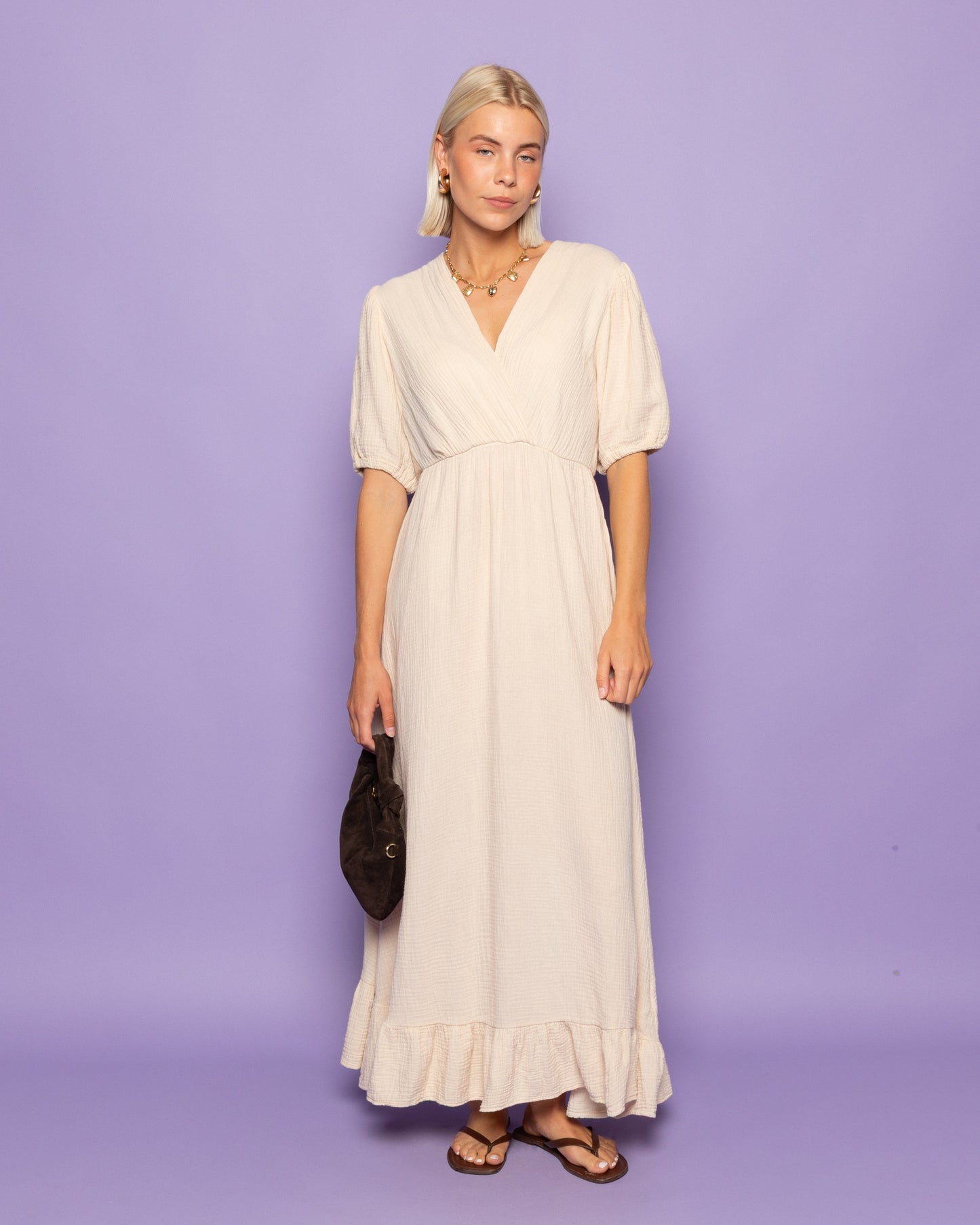 Mousseline maxi short sleeve dress sand